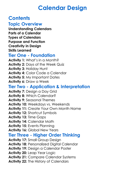 Calendar Design Worksheet Activity Booklet
