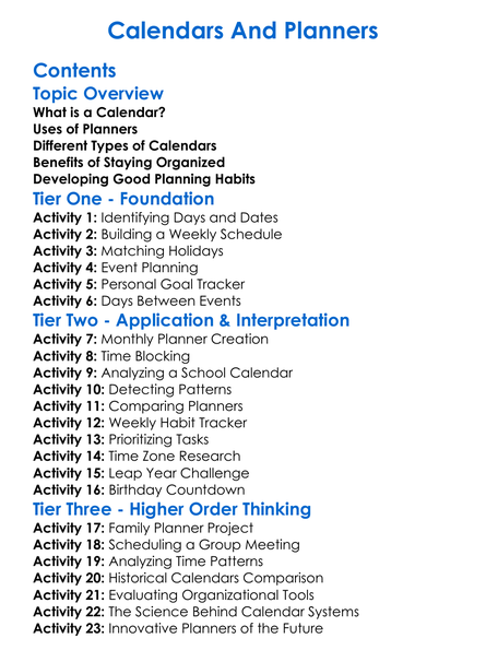 Calendars And Planners Worksheet Activity Booklet