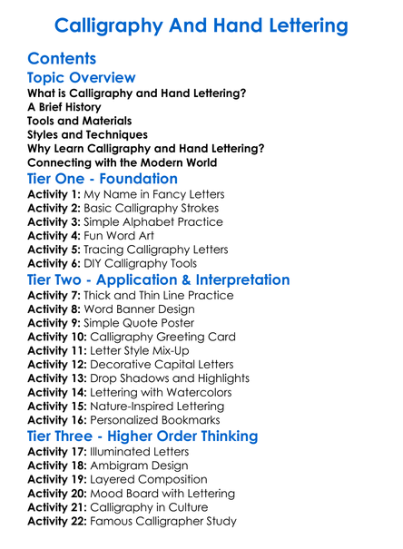 Calligraphy And Hand Lettering Worksheet Activity Booklet