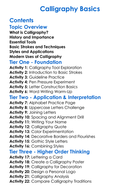 Calligraphy Basics Worksheet Activity Booklet