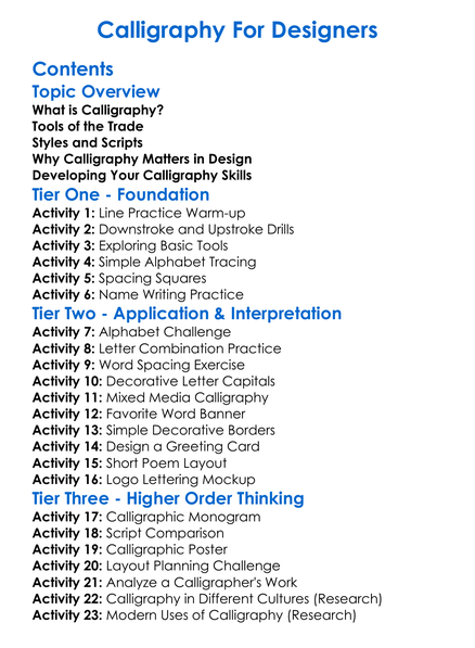 Calligraphy For Designers Worksheet Activity Booklet
