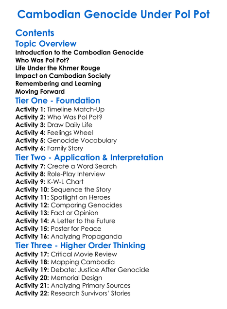 Cambodian Genocide Under Pol Pot Worksheet Activity Booklet