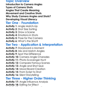 Camera Angles And Shots Worksheet Activity Booklet