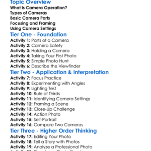 Camera Operation Worksheet Activity Booklet
