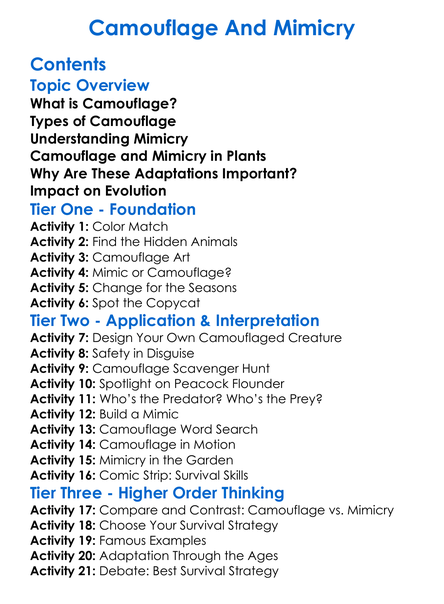 Camouflage And Mimicry Worksheet Activity Booklet