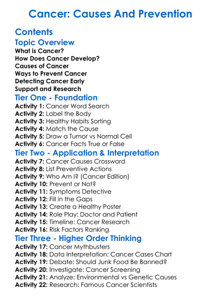 Cancer Causes And Prevention Worksheet Activity Booklet