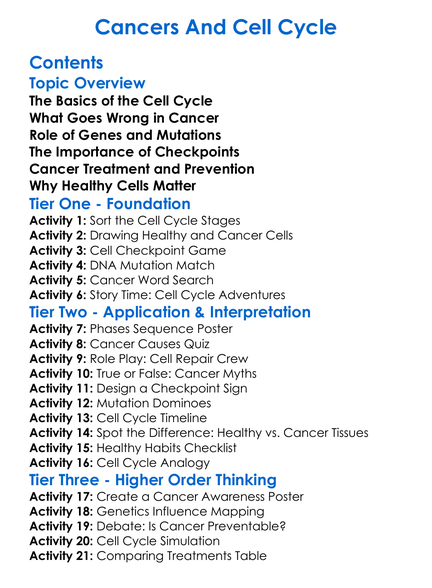 Cancers And Cell Cycle Worksheet Activity Booklet