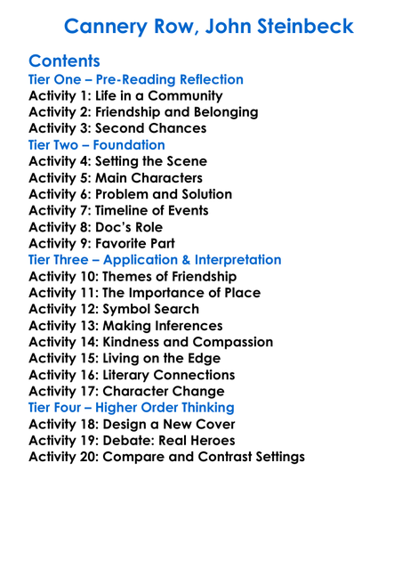 Cannery Row John Steinbeck Worksheet Activity Booklet