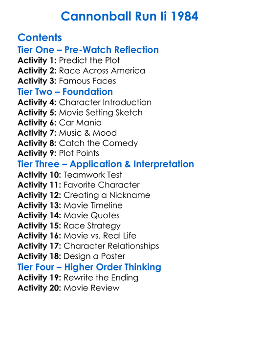 Cannonball Run Ii 1984 Worksheet Activity Booklet
