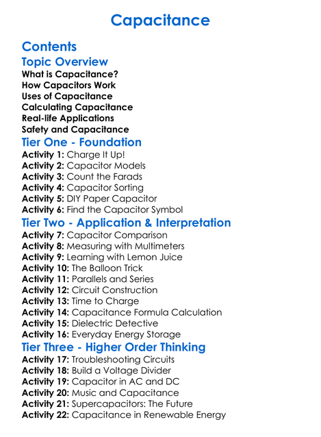 Capacitance Worksheet Activity Booklet
