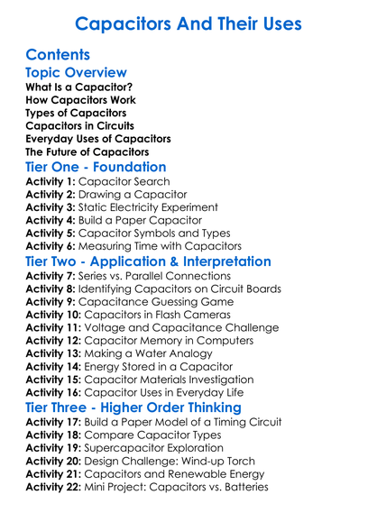 Capacitors And Their Uses Worksheet Activity Booklet