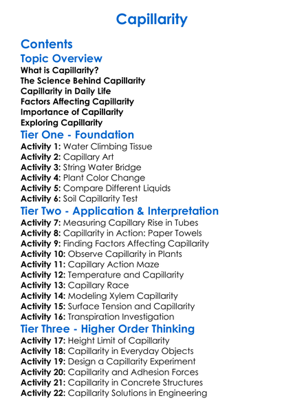 Capillarity Worksheet Activity Booklet