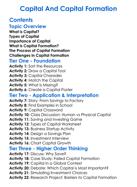 Capital And Capital Formation Worksheet Activity Booklet