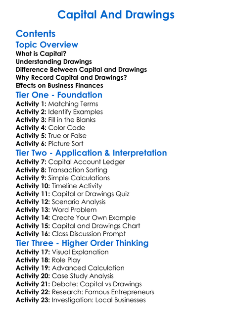 Capital And Drawings Worksheet Activity Booklet