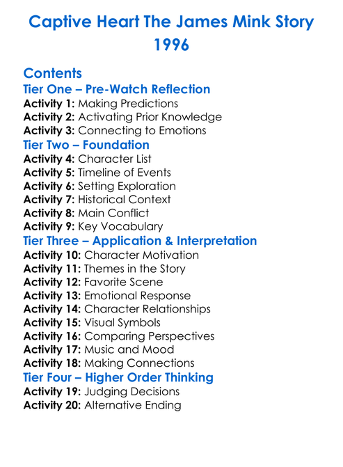 Captive Heart The James Mink Story 1996 Worksheet Activity Booklet