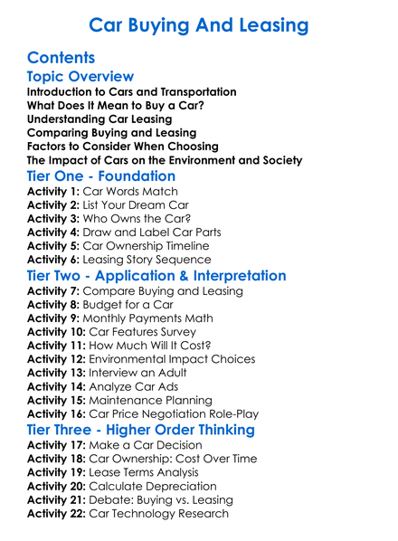 Car Buying And Leasing Worksheet Activity Booklet