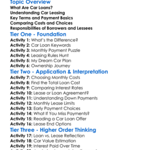 Car Loans And Leasing Worksheet Activity Booklet
