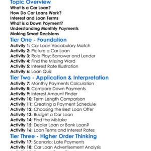 Car Loans Worksheet Activity Booklet