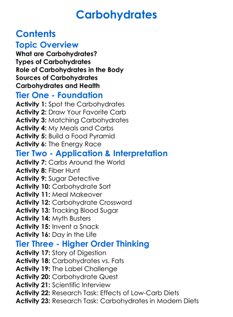 Carbohydrates Worksheet Activity Booklet