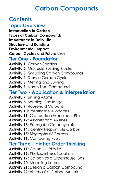Carbon Compounds Worksheet Activity Booklet
