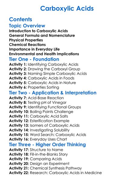 Carboxylic Acids Worksheet Activity Booklet