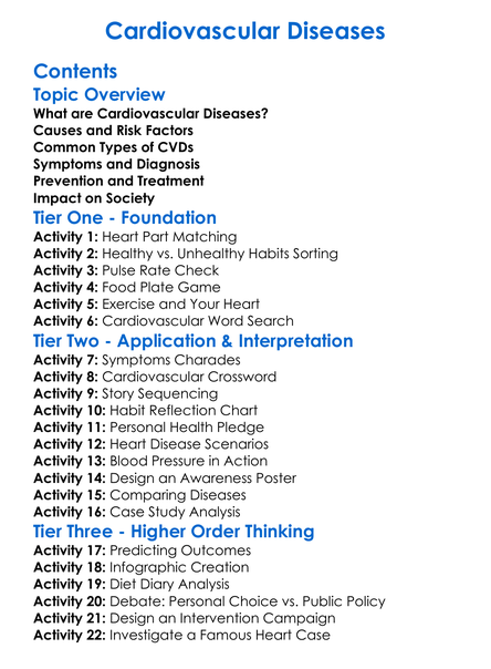 Cardiovascular Diseases Worksheet Activity Booklet