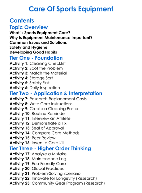 Care Of Sports Equipment Worksheet Activity Booklet