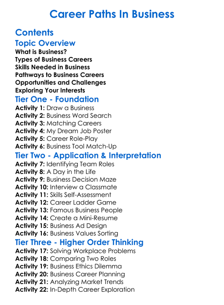 Career Paths In Business Worksheet Activity Booklet