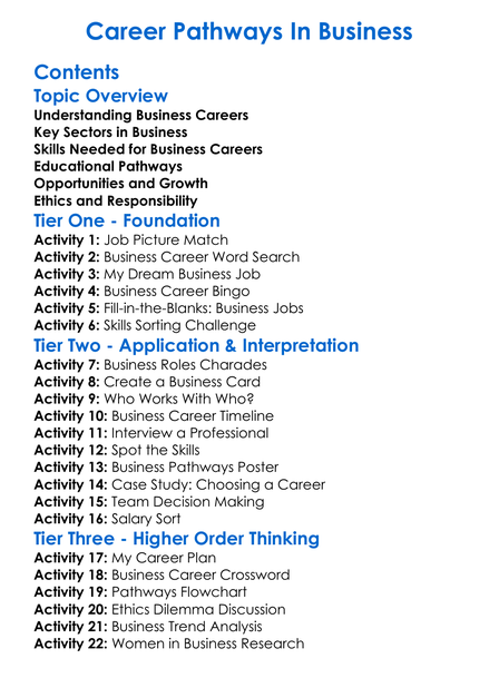 Career Pathways In Business Worksheet Activity Booklet