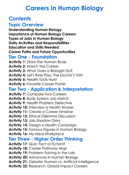 Careers In Human Biology Worksheet Activity Booklet