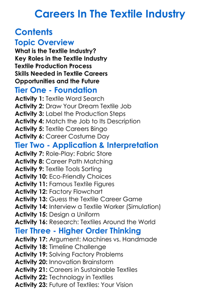 Careers In The Textile Industry Worksheet Activity Booklet