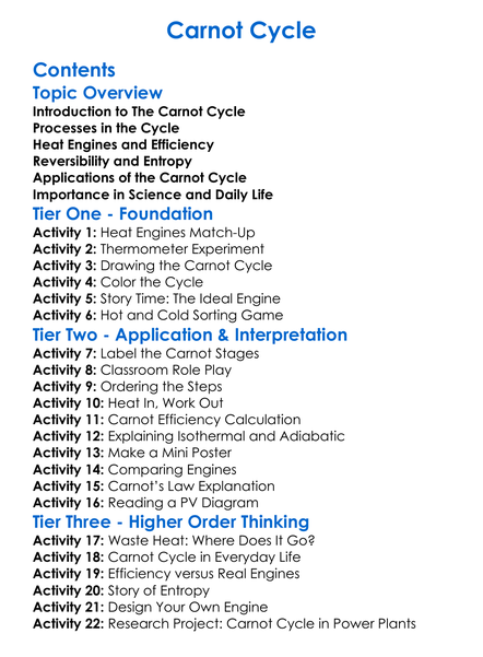 Carnot Cycle Worksheet Activity Booklet