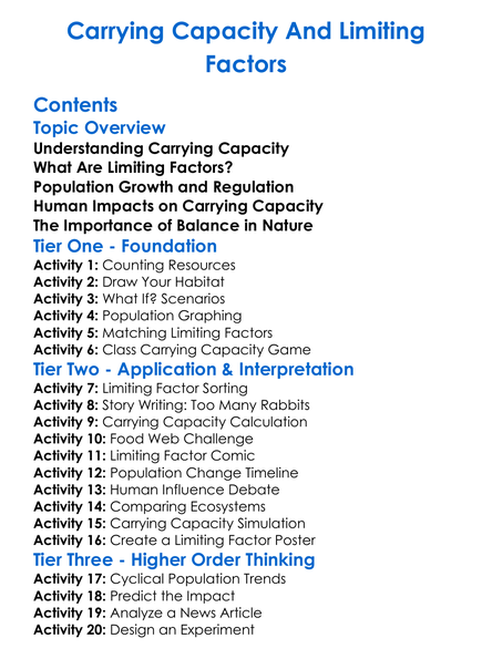 Carrying Capacity And Limiting Factors Worksheet Activity Booklet