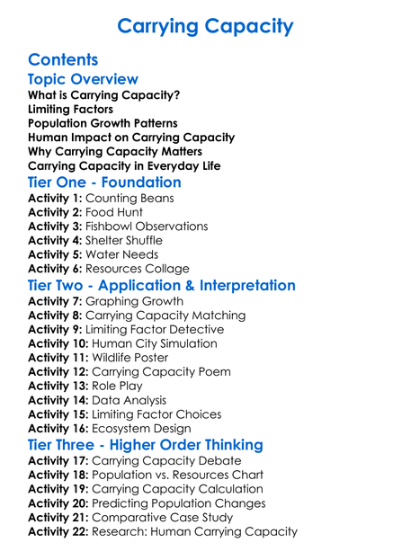 Carrying Capacity Worksheet Activity Booklet