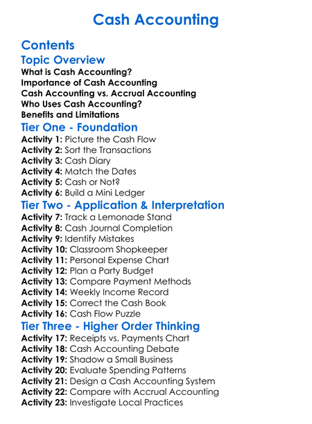Cash Accounting Worksheet Activity Booklet