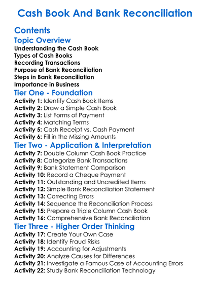 Cash Book And Bank Reconciliation Worksheet Activity Booklet