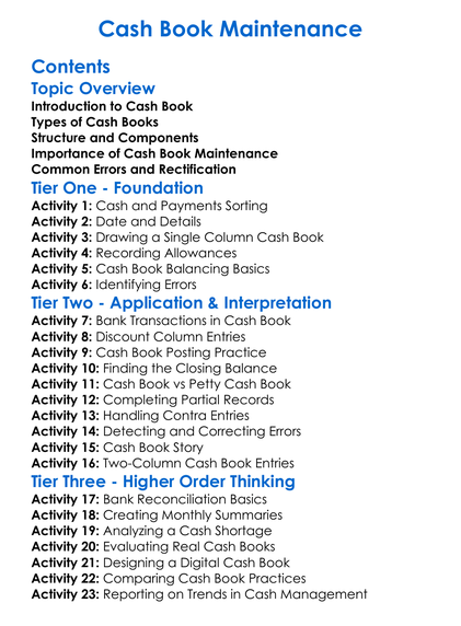 Cash Book Maintenance Worksheet Activity Booklet