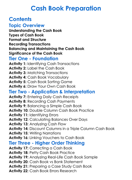 Cash Book Preparation Worksheet Activity Booklet