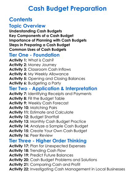 Cash Budget Preparation Worksheet Activity Booklet