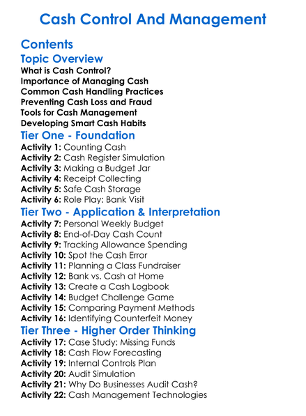 Cash Control And Management Worksheet Activity Booklet