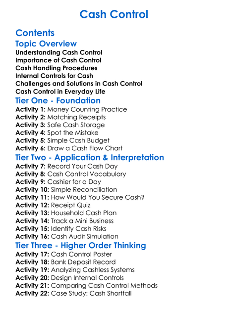 Cash Control Worksheet Activity Booklet