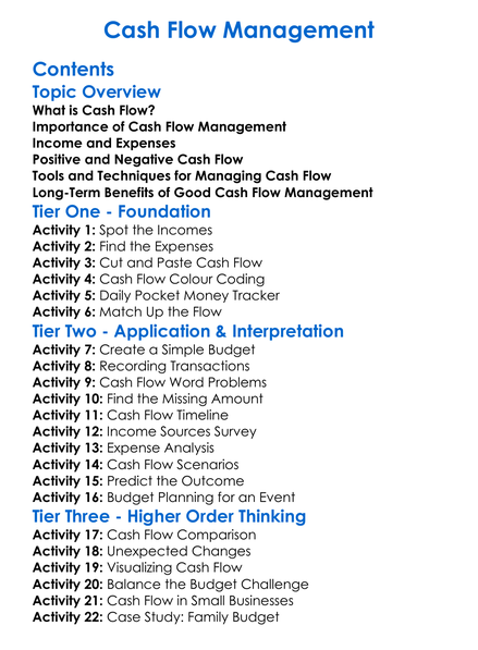 Cash Flow Management Worksheet Activity Booklet
