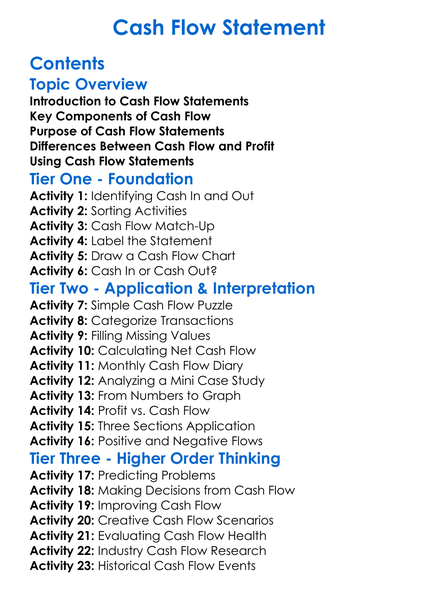 Cash Flow Statement Worksheet Activity Booklet