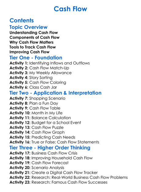 Cash Flow Worksheet Activity Booklet