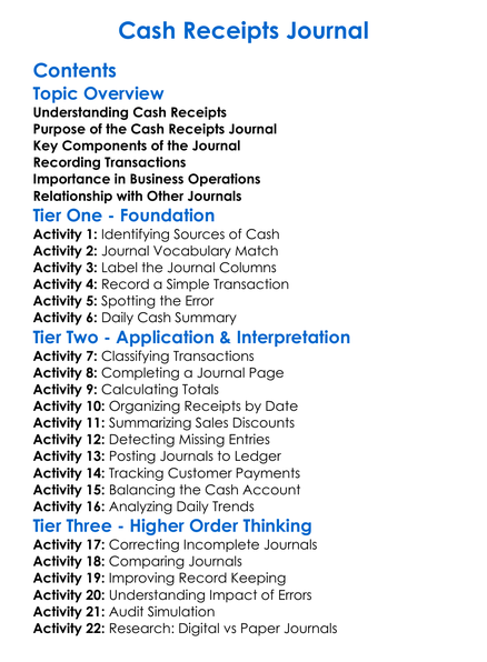 Cash Receipts Journal Worksheet Activity Booklet