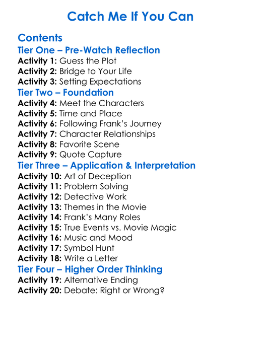 Catch Me If You Can Worksheet Activity Booklet