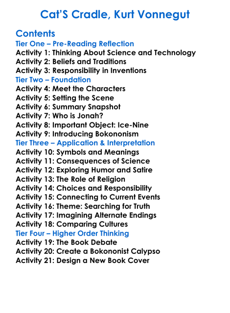 Cats Cradle Kurt Vonnegut Worksheet Activity Booklet