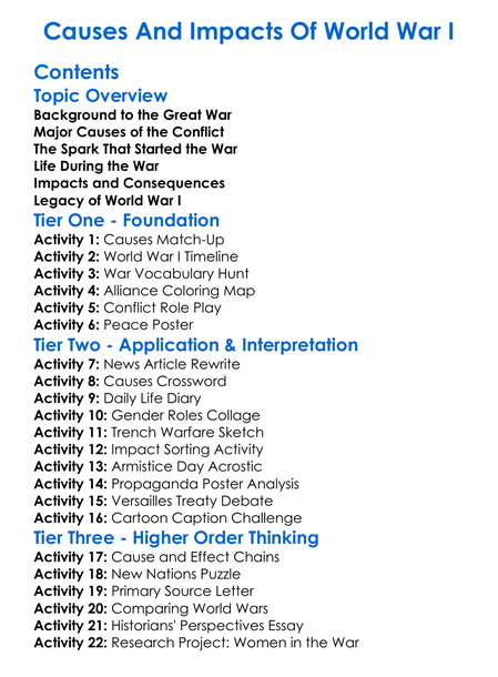 Causes And Impacts Of World War I Worksheet Activity Booklet