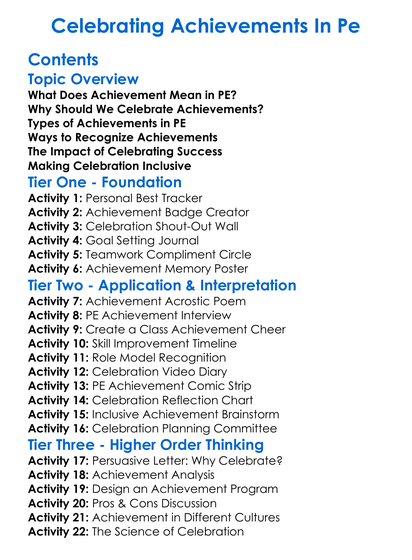 Celebrating Achievements In Pe Worksheet Activity Booklet