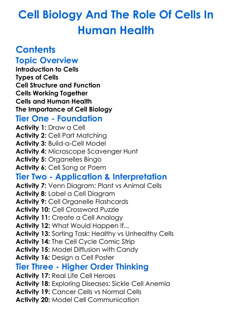 Cell Biology And The Role Of Cells In Human Health Worksheet Activity Booklet